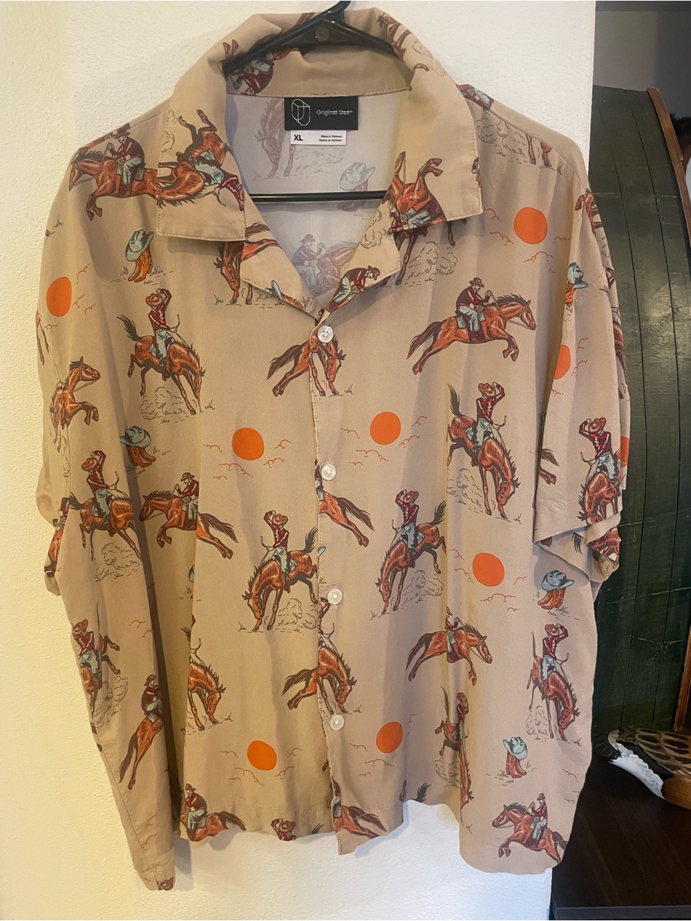 Original Use Beige Cowboy Print Button-Down Shirt with Orange Dots